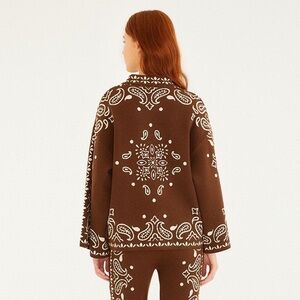 FARM Rio Brown and White Bohemian Paisley Beaded Rope Knit Sweater